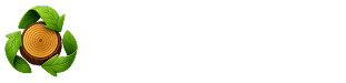 Логотип бревна и знак рецикла из листьев, рядом надпись - переработка древесных отходов